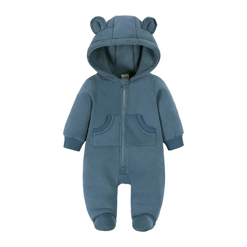 2024 Newborn Baby Winter Warm Romper Solid Pocket Hooded Bear Thick Clothes 0-24M Infant Boy Girl Outfits Bodysuit