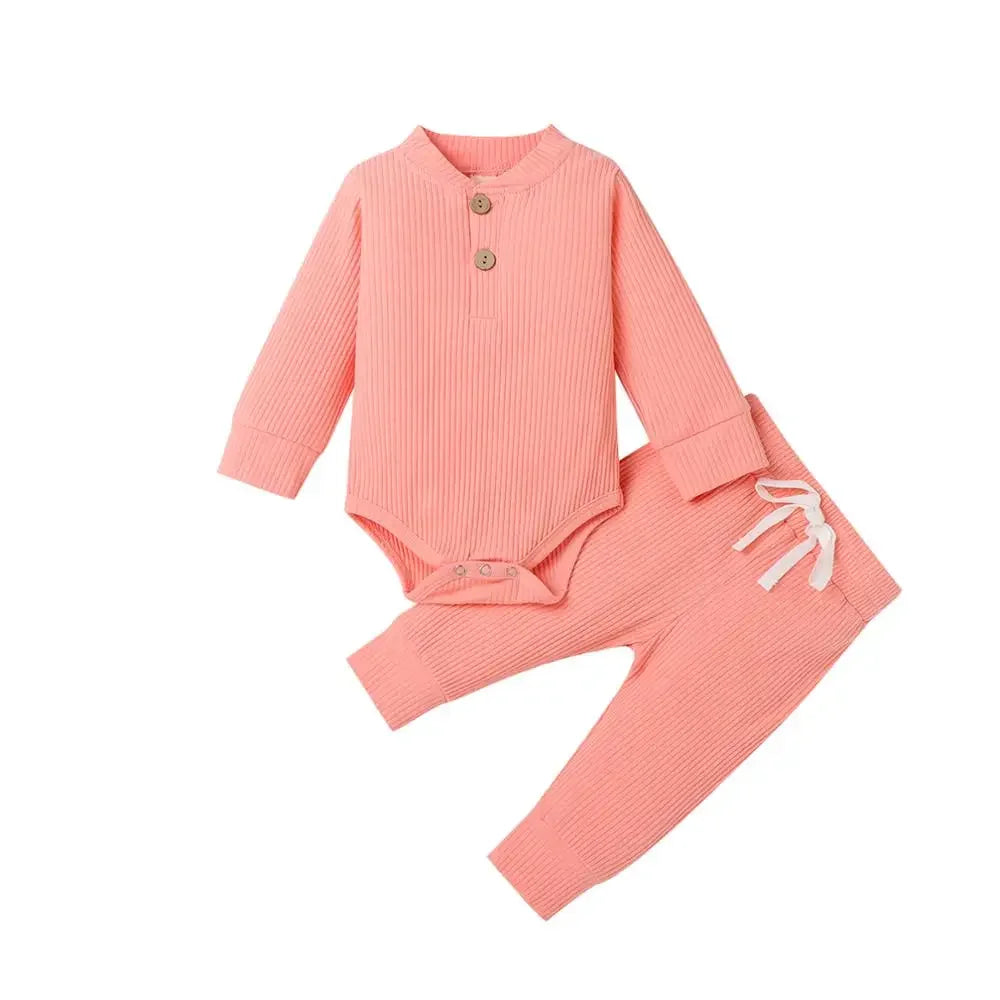 Spring Autumn Newborn Infant 2PCs Clothes Set for Boys & Girls Ribbed/Plaid/Solid Long Sleeve Bodysuit + Elastic Pants