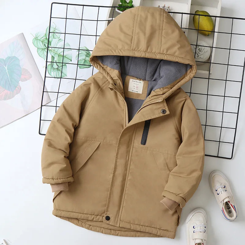 Autumn Winter Children Jacket For Boys Hooded Plus Velvet Thicken Warm Teenage Boy Outerwear Coat 4-14 Year Kids Parka