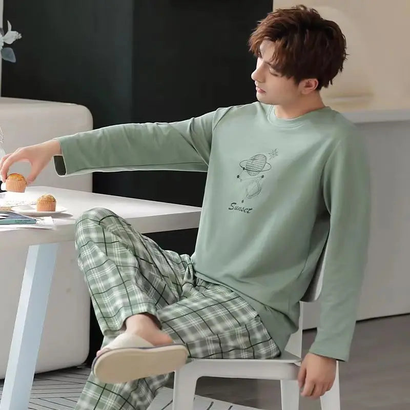 2Pcs/set men's pajamas set of large size long-sleeved long trousers autumn and winter students home clothing round neck autumn m