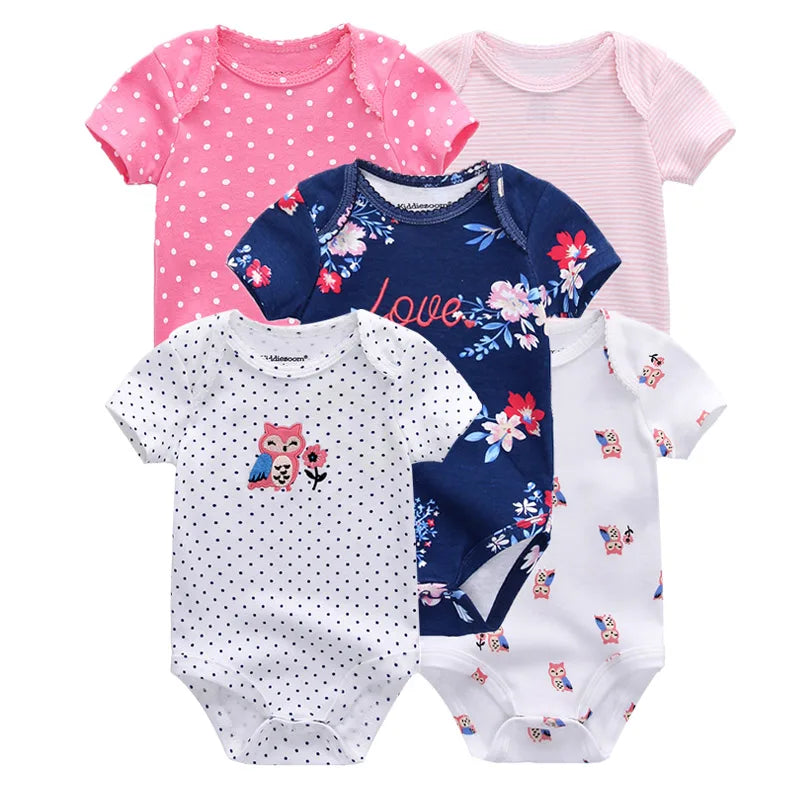 Summer 5 Piece Fashion Cartoon Boys and Girls Bodysuits 100% Cotton Soft Newborn Bodysuit Set