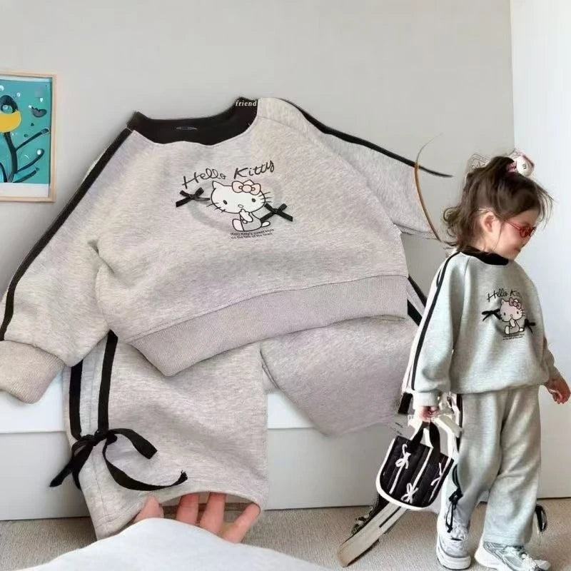 Baby Girl Clothes Set Autumn Kid Hello Kitty Sweatshirts Pullover Bow Top & Striped Pants 2pcs Suit Children Tracksuits Outfits