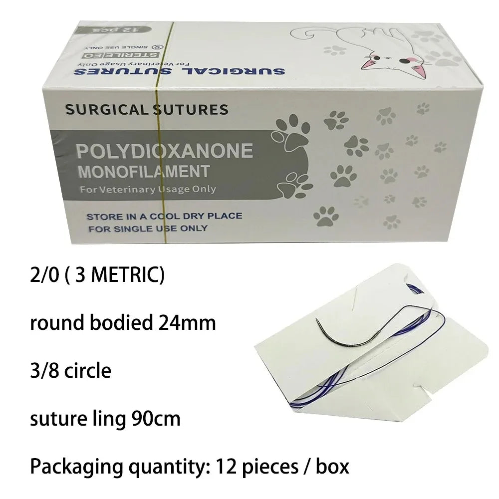 12pcs Pet Specific PDO 3/8 Circle 90CM With Needle 2/0 3/0 4/0 5/0 round bodied / reverse cutting Animal Cat Dog Pet Care Room