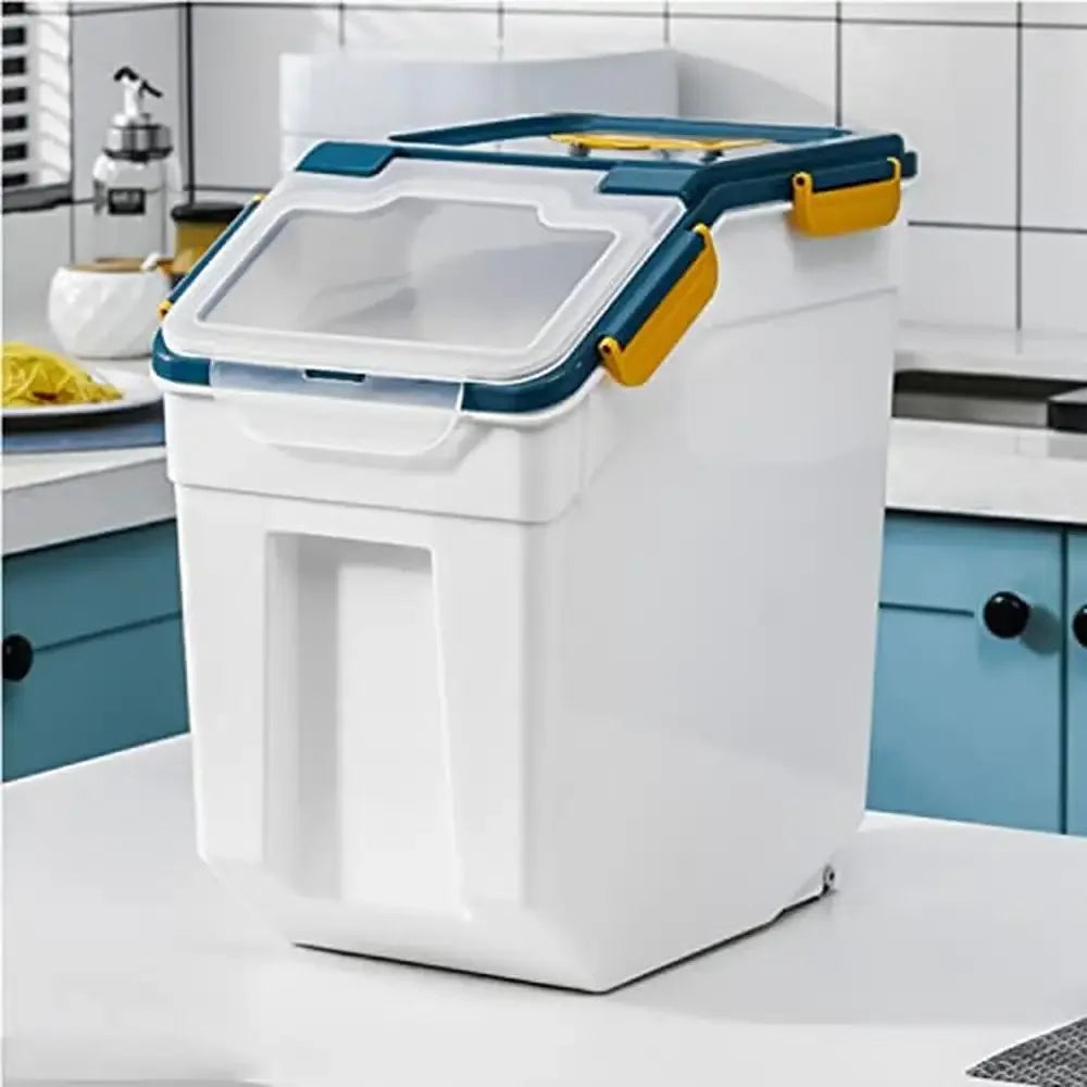 Grain Storage Container 25 lbs Airtight Rice Bin with Wheels Seal Locking Lid BPA Free Pet Food Storage with Measuring Cup Scoop