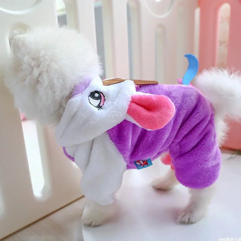 1PC Pet Clothes Dog Winter Thickened Velvet Warm Rainbow Unicorn Four-legged Hoodie Onesie
