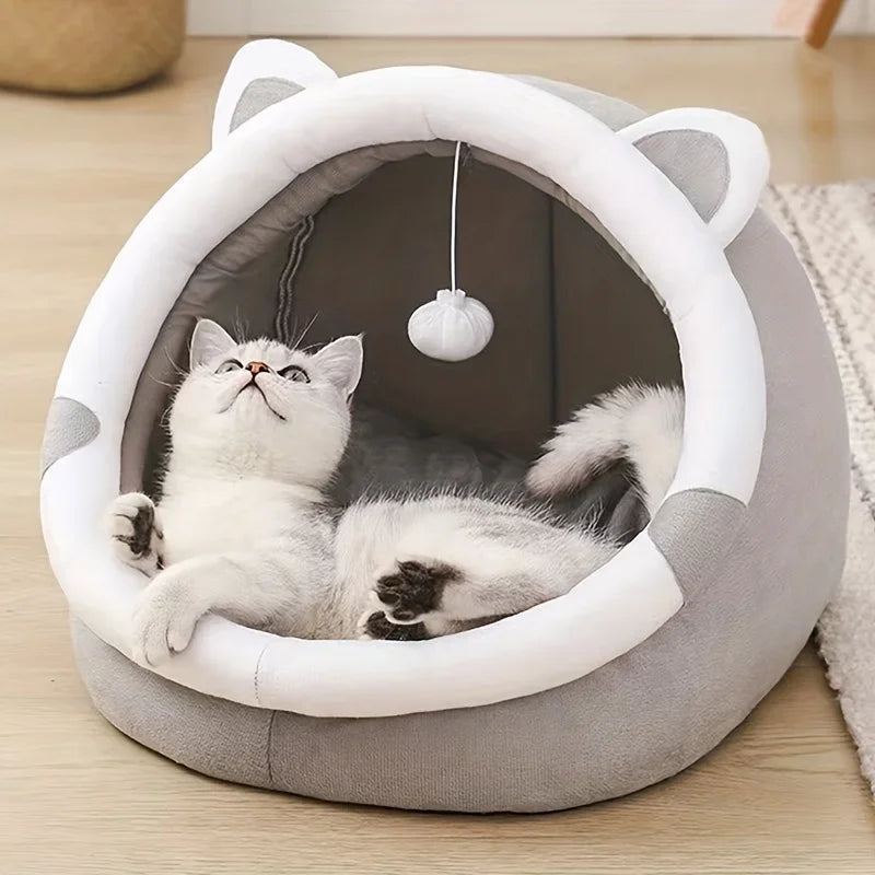 1 Comfortable Cartoon Cat House with Removable Pad, Modern Style Pet Bed Cave, Indoor Plush House Bed with Pompom