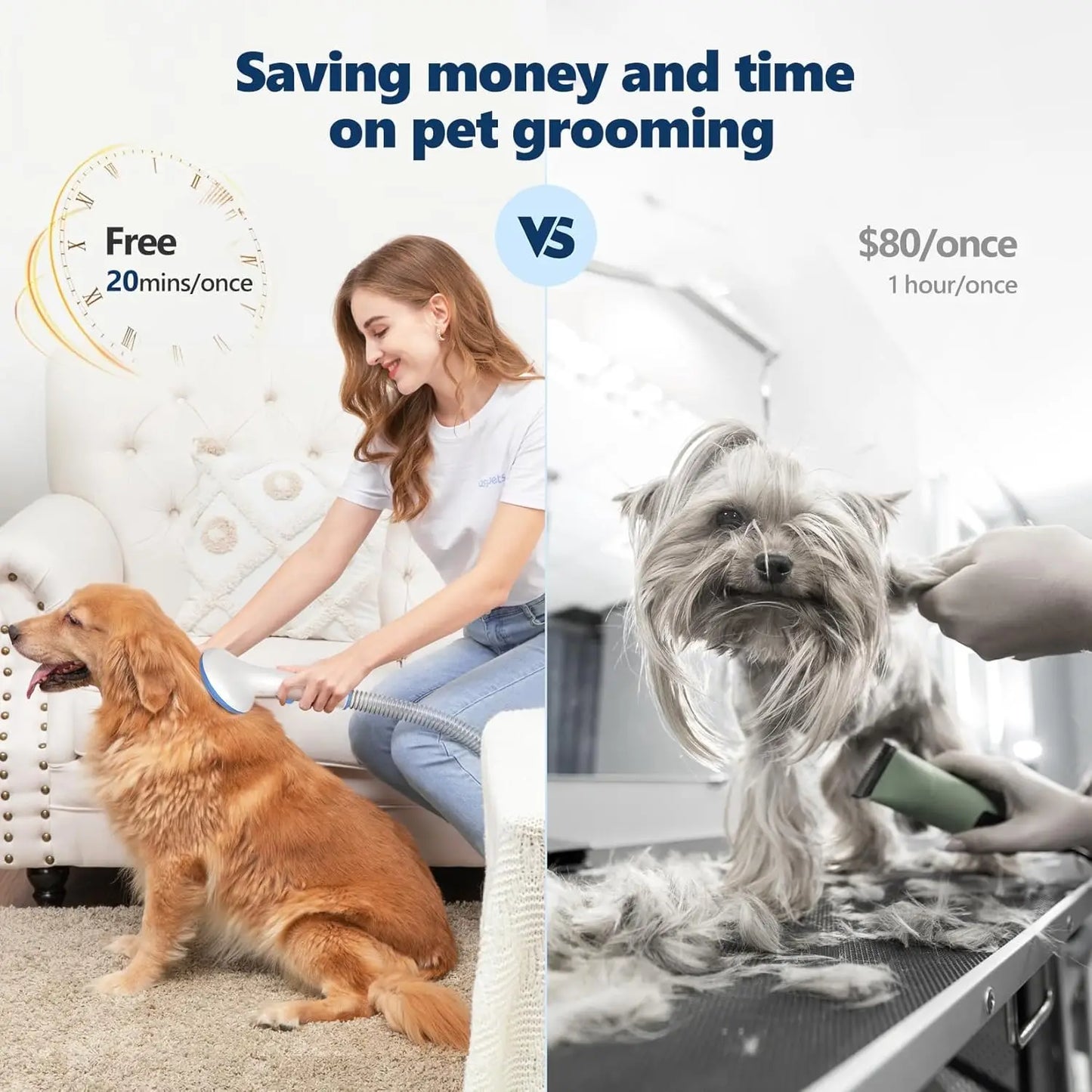 Pet Grooming Vacuum Kit 5-in-1 Pet Grooming Kit with 2.0L Dust Cup for Shedding Dogs/Cats, Low Noise Hair Remover