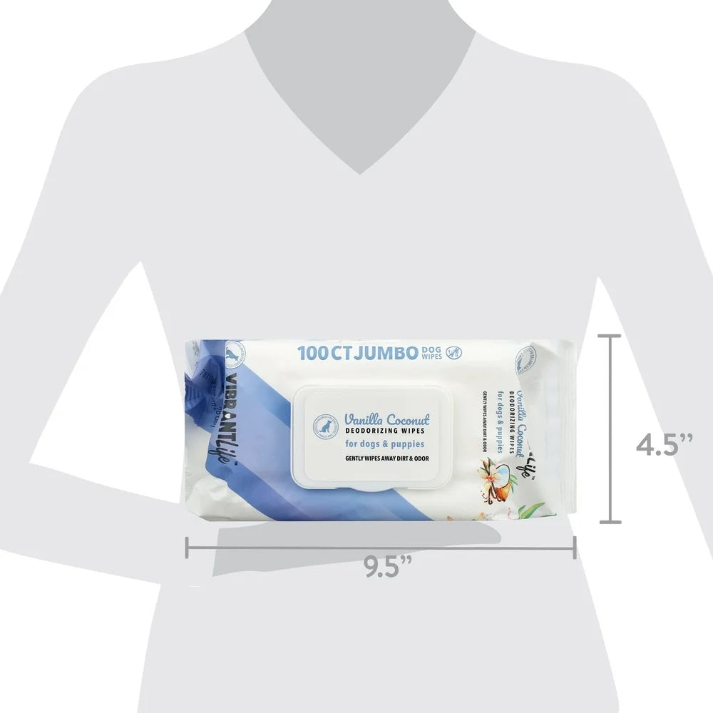 Jumbo Dog Deodorizing Wipes 100 Count Coconut Vanilla Scent Moisturizing Aloe Vitamin E Gentle Clean Instant Bath pH Balanced