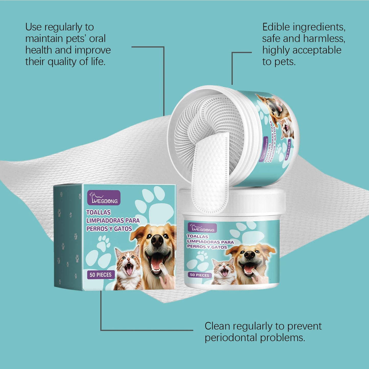 Yegbong Pet Teeth Cleaning Wipes Promote Pet Oral Health Eliminating Bad Breath Refreshing Prevent Decay Tooth Cleaning Wipes