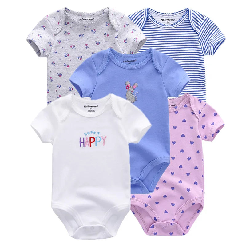 Summer 5 Piece Fashion Cartoon Boys and Girls Bodysuits 100% Cotton Soft Newborn Bodysuit Set