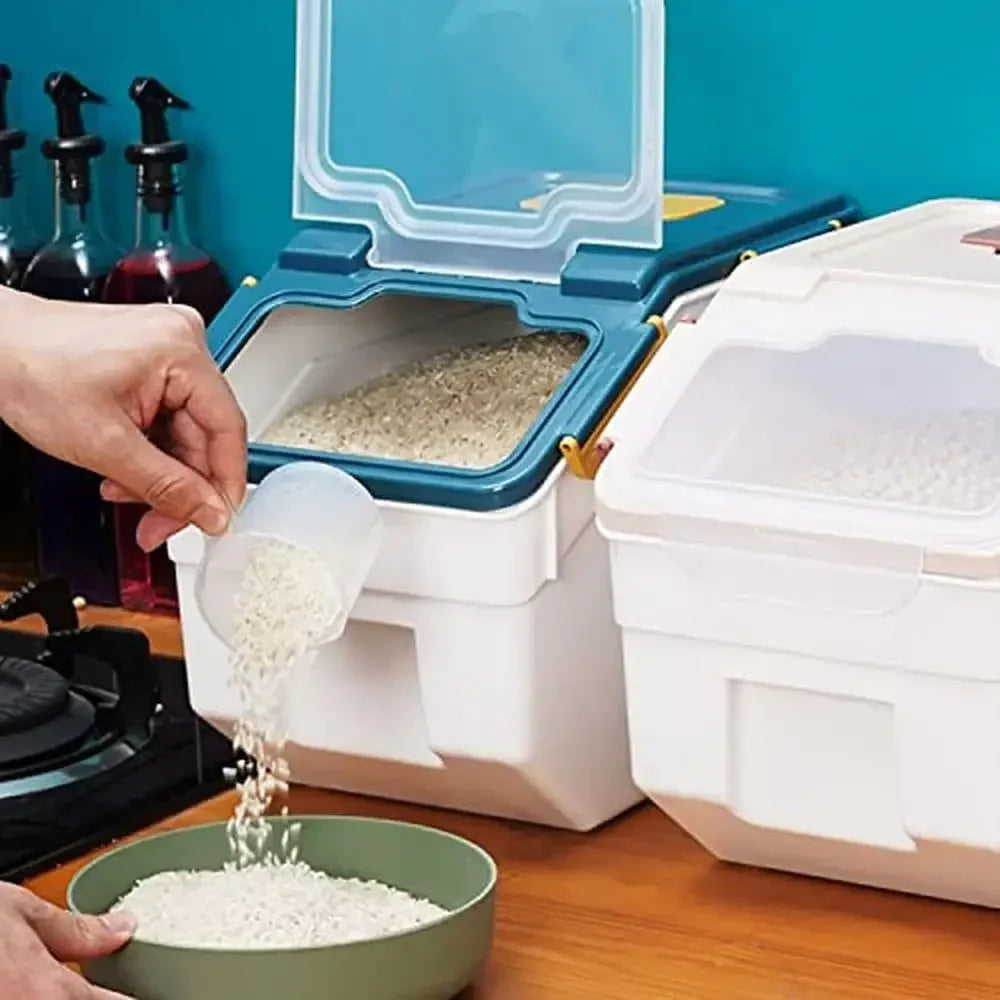 Grain Storage Container 25 lbs Airtight Rice Bin with Wheels Seal Locking Lid BPA Free Pet Food Storage with Measuring Cup Scoop