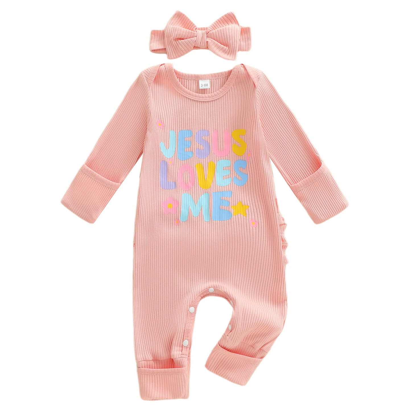 Christianity Baby Girls 3 Piece Set Long Sleeve Round Neck Letter Print Ribbed Jumpsuit with Bow Headband and Socks