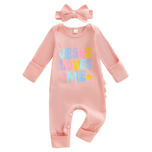 Christianity Baby Girls 3 Piece Set Long Sleeve Round Neck Letter Print Ribbed Jumpsuit with Bow Headband and Socks