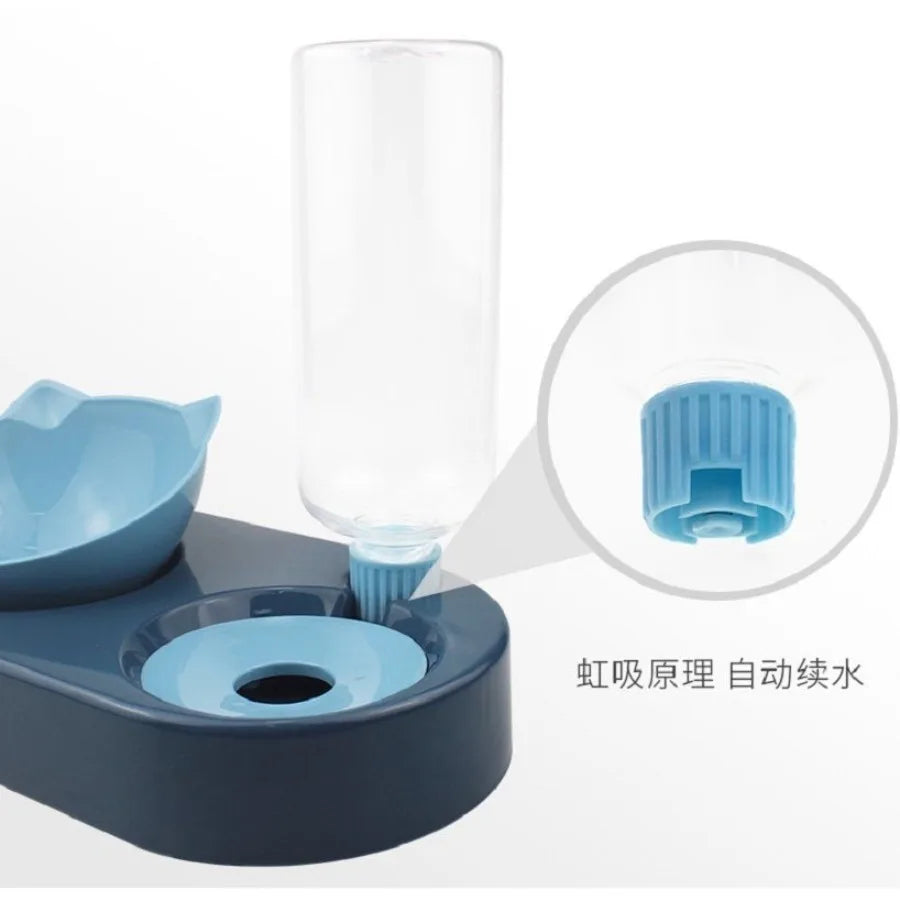 Portable Pet Bowl and Automatic Water Feeder Set 2 in 1 Food Bowl Dish with Water Dispenser Bottle Tilted