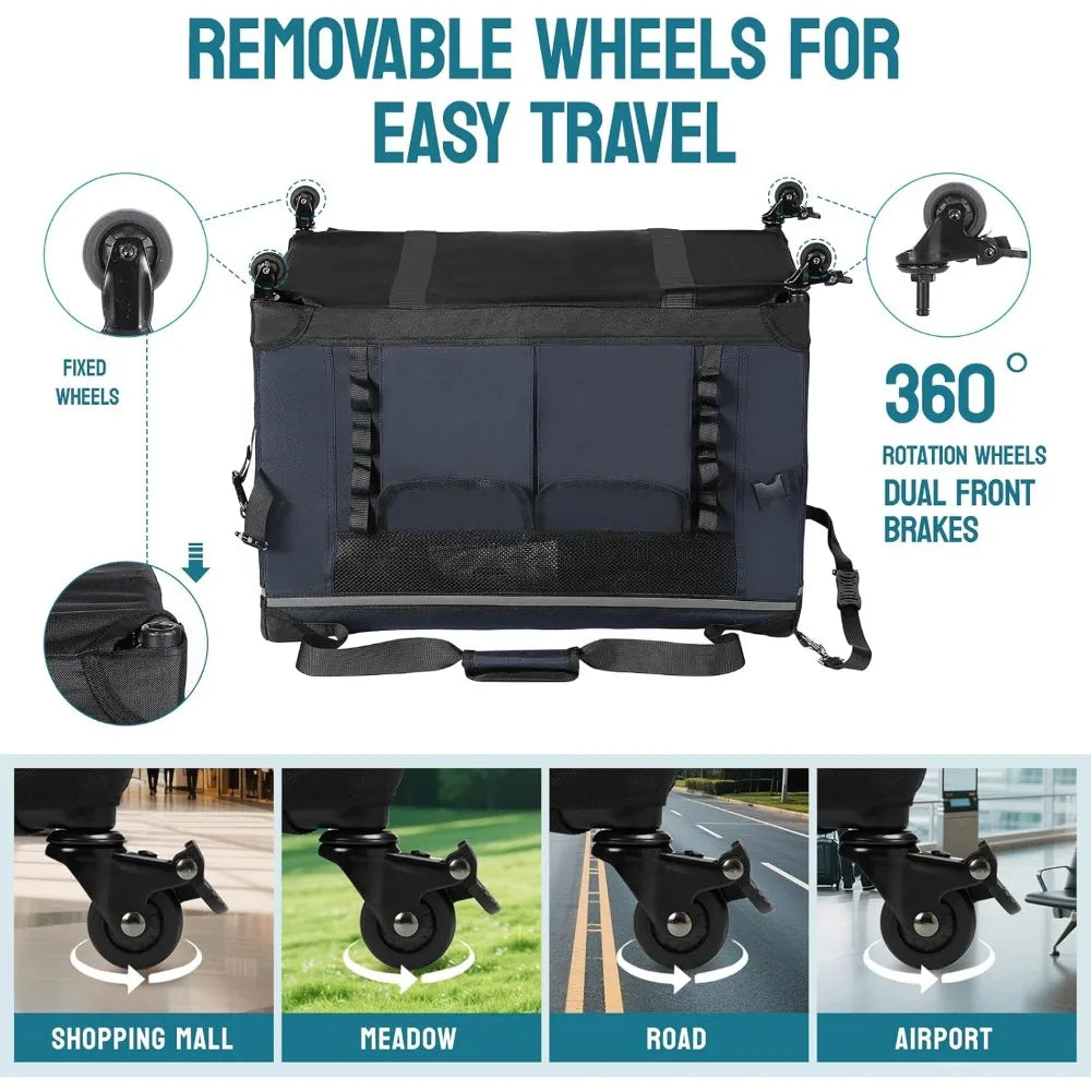 Foldable Cat Carrier with Removable Wheels – Large Pet Travel Carrier for Cats & Small Dogs, Breathable & Sturdy for Car