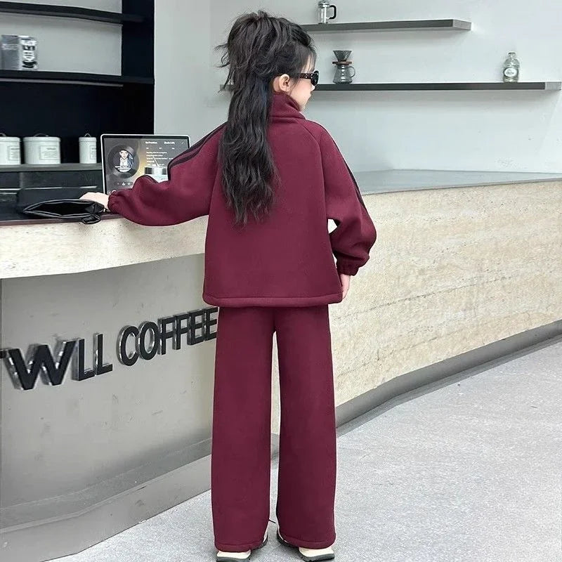 Top & Pants 2-Piece Set Fleece-lined Sweatshirt Girls Winter Clothing Girls' Autumn Clothes Korean Children's 2025 Wear Girl Two