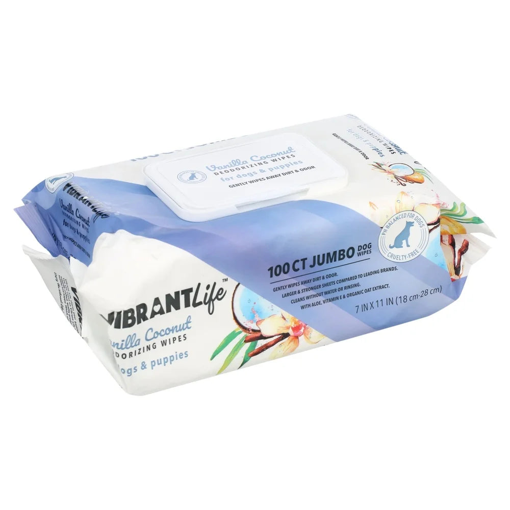 Jumbo Dog Deodorizing Wipes 100 Count Coconut Vanilla Scent Moisturizing Aloe Vitamin E Gentle Clean Instant Bath pH Balanced