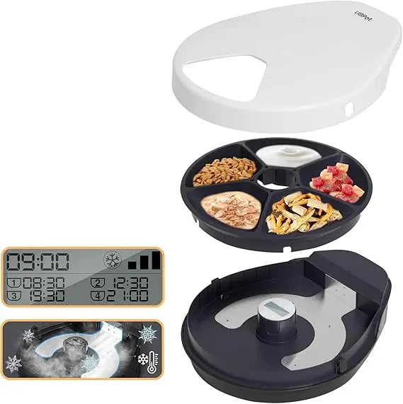 UBPET Cat Wet Food Automatic Feeder with Cooling, Semiconductor Refrigeration, with Timer, 5 Food Compartments for 330g Pet Food