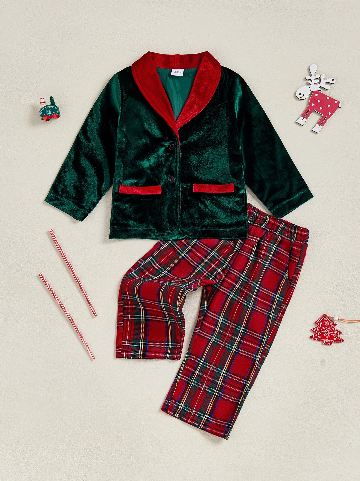 Toddler Christmas Outfit Set with Long Sleeve Button Up Jacket and Plaid Pants - 2 Piece Clothes for Baby Boy