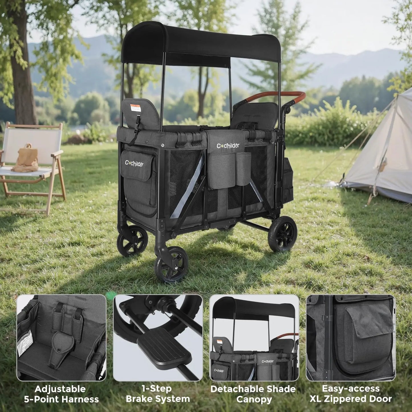 Double seat baby stroller, foldable baby stroller, outdoor camping vehicle, outdoor product storage vehicle