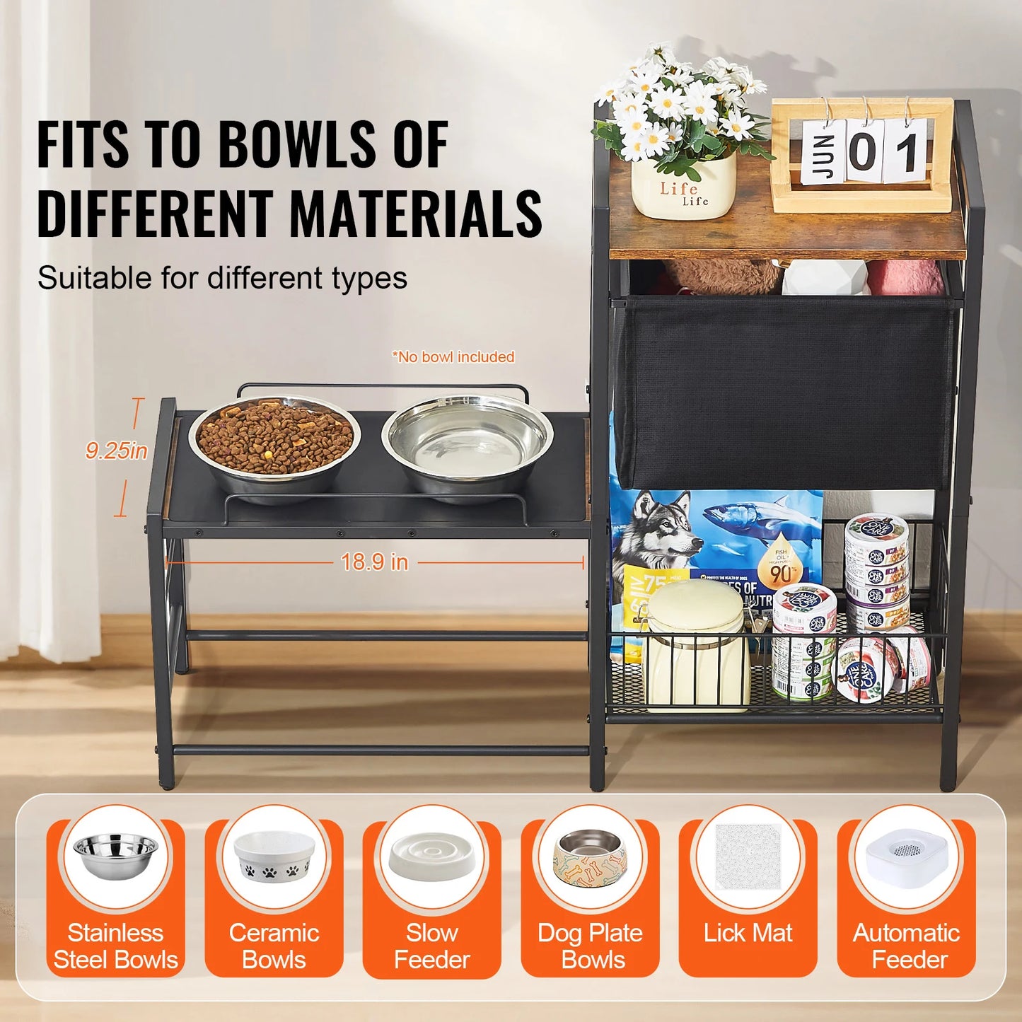 Pet Feeding Station with Storage Elevated Dog Bowls Raised Dog Bowl Stand w/ Storage Shelves Pet Toy Storage Organizer