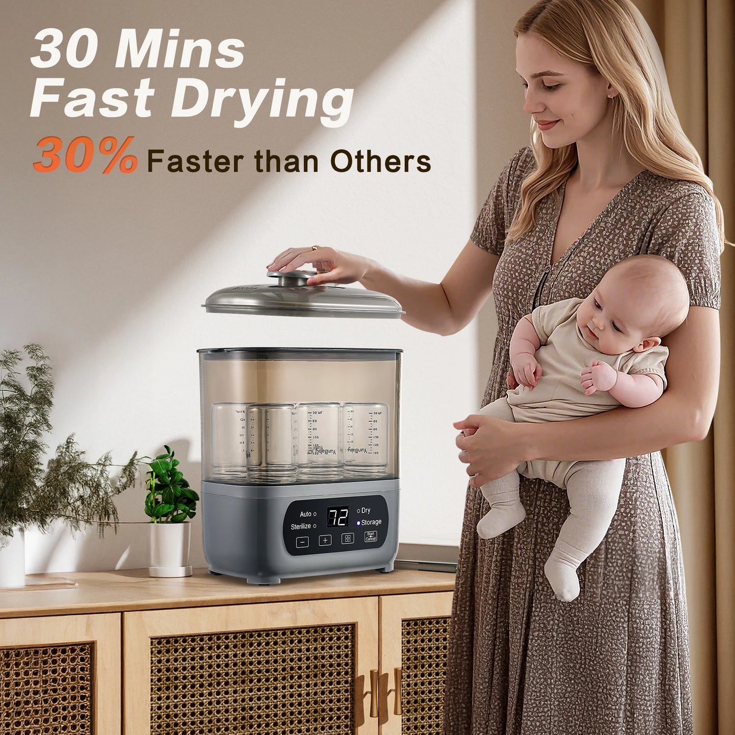 4-in-1 72H Storage, 30-Min Dry, 6 Bottles + Accessories,99.99% Germ-Free‌ Baby Bottle Sterilizer & Dryer