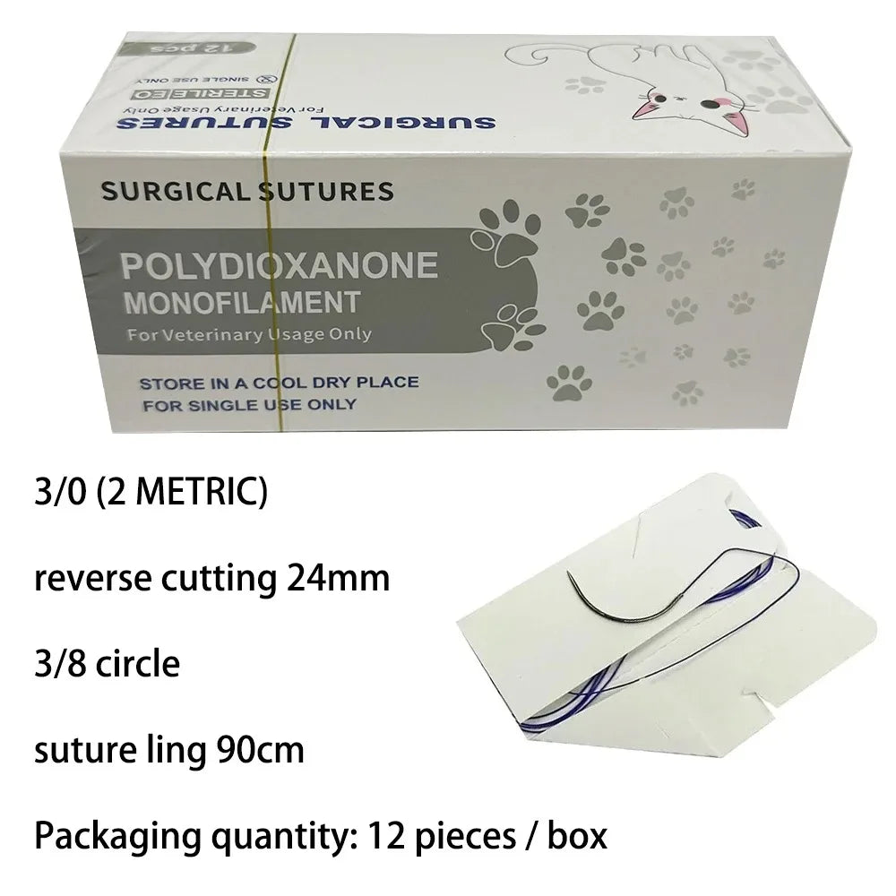 12pcs Pet Specific PDO 3/8 Circle 90CM With Needle 2/0 3/0 4/0 5/0 round bodied / reverse cutting Animal Cat Dog Pet Care Room