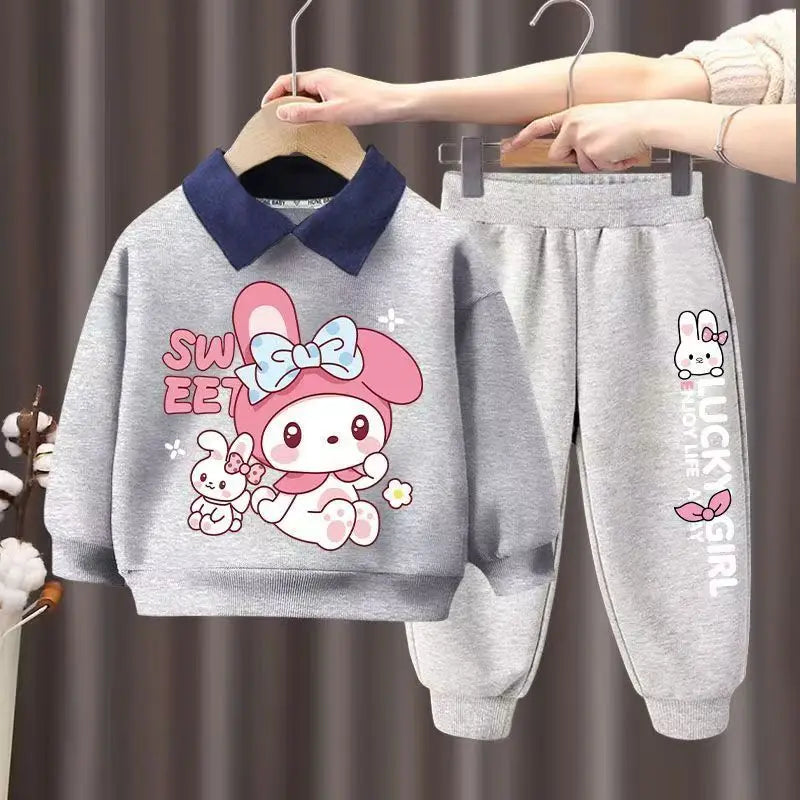 Autumn Kid Girls Clothes Set Children Boy Lapel Cartoon Bear Printed Sweatshirts Pullover Top And Pants Bottom Suit Tracksuits