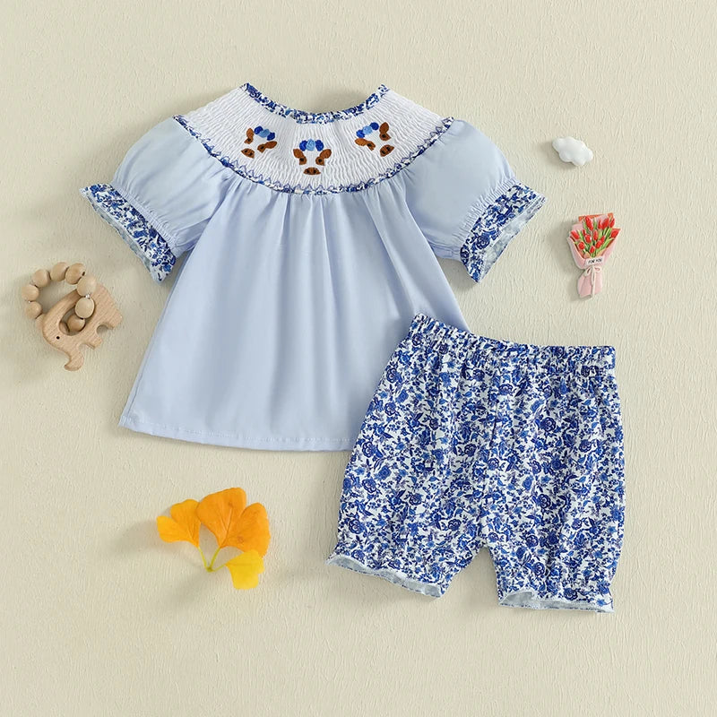 Girls Summer Outfit Sleeveless Ruffle Top with Denim Shorts Set Cute Floral Print Kids Clothing Set for Girls