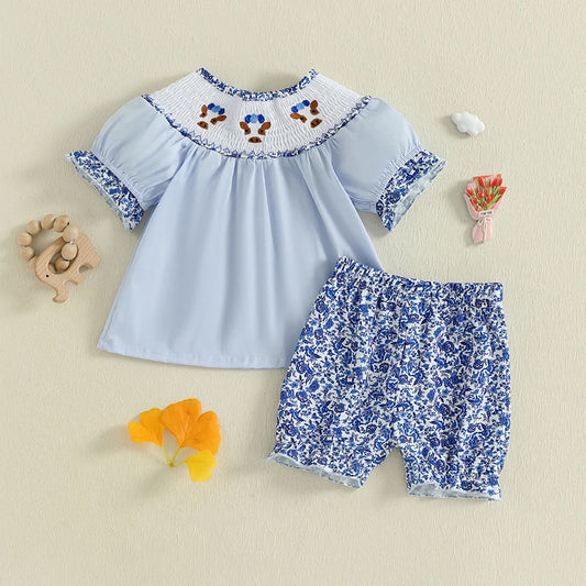 Girls Summer Outfit Sleeveless Ruffle Top with Denim Shorts Set Cute Floral Print Kids Clothing Set for Girls