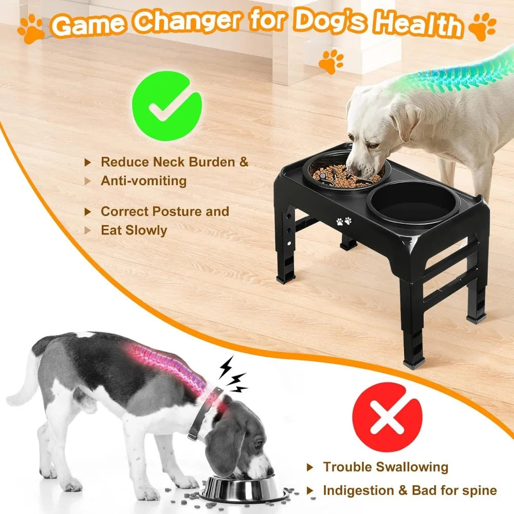 Elevated 2-in-1 Dog Feeder With Slow Feeder and Water Bowl, 4 Heights Adjustable Raised Stand, Non-Slip Food Bowl for Medium Lar