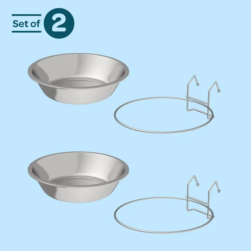 Set of 2 Stainless-Steel Dog Bowls - Cage, Kennel, and Crate Hanging Pet Bowls for Food and Water - 48oz Each and Dishwasher Saf
