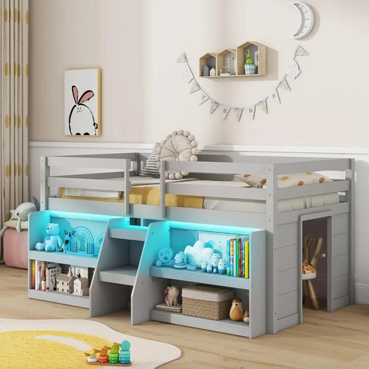 Low Loft Bed with LED Lights, Wooden Loft Bed Twin Size with Stairs & Safety Guardrail, Loft Bed for Kids with Storage