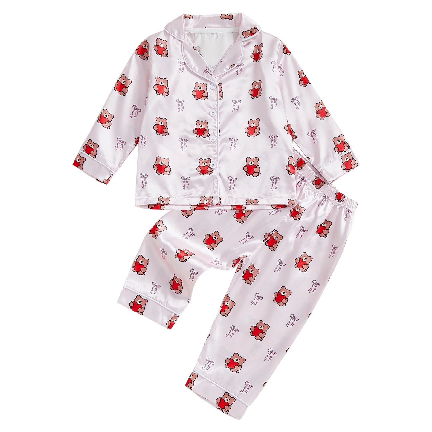 Cute Toddler Girl Valentine s Day Pajamas Set with Heart Print Lapel Long Sleeve Button Down Tops and Pants Cozy Sleepwear