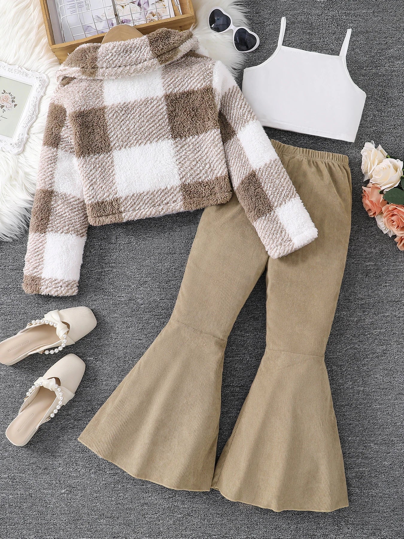 Autumn and winter girls' clothing 3-piece set with stand-up collar and down jacket   solid color vest   casual long pants set