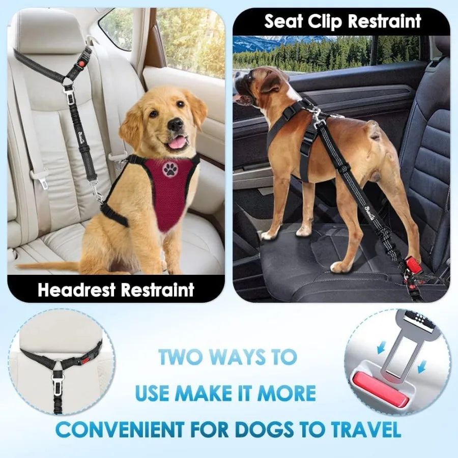 Dog Seat Belt for Car 2 Pack Dog Car Harness Seatbelt Adjustable with Elastic Bungee Buffer 2 in 1 Pet Car Leash Headrest Restr