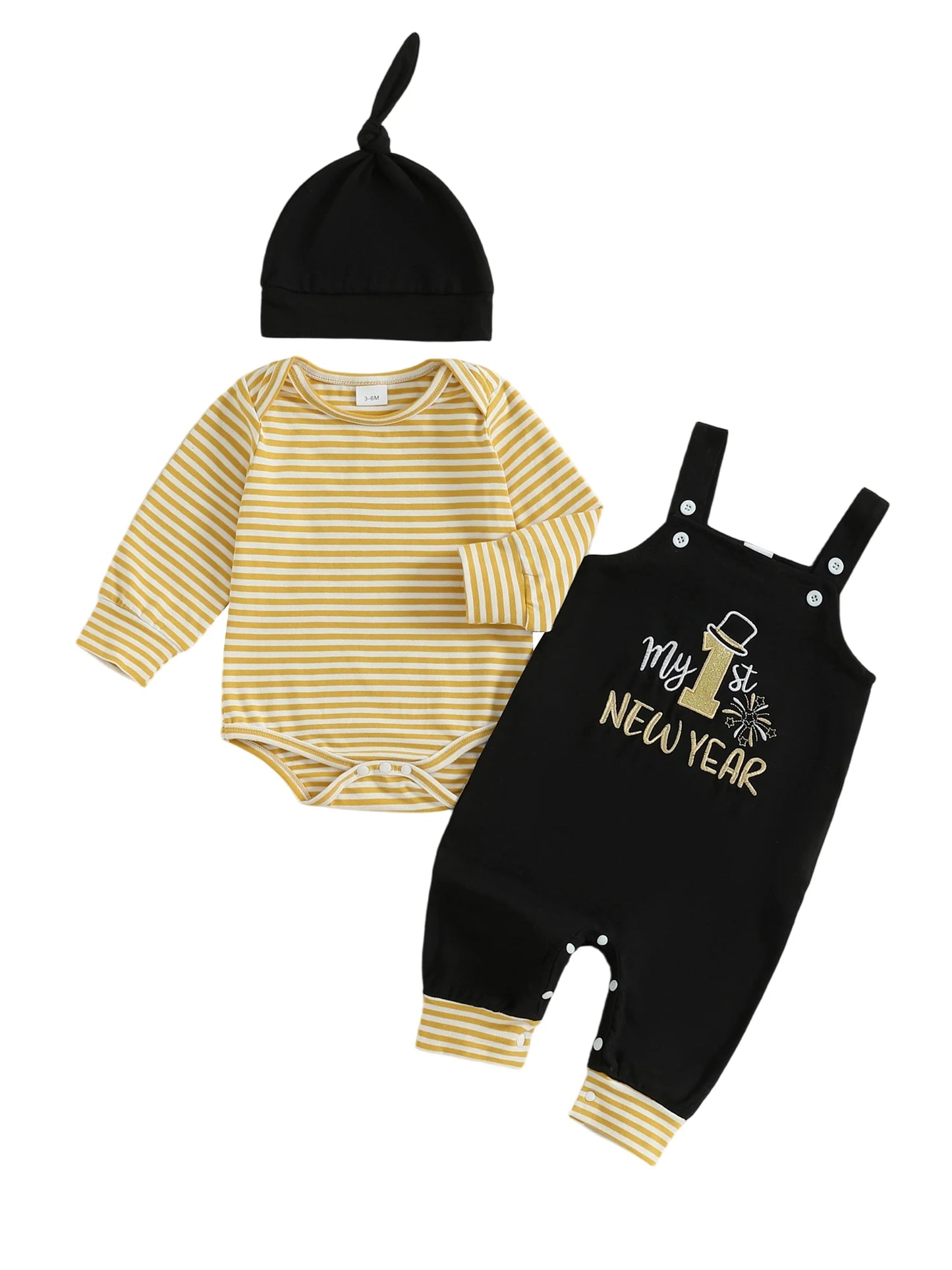 Adorable Newborn Boy 3 Piece Set with Long Sleeve Striped Romper Embroidered Overalls and Matching Hat for a Stylish Look