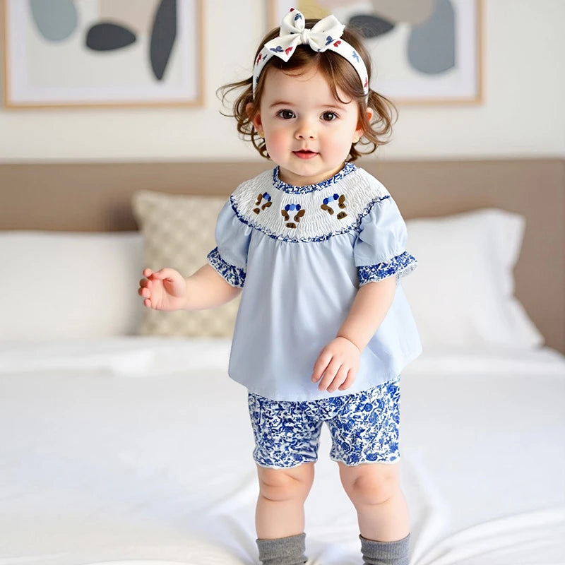 Girls Summer Outfit Sleeveless Ruffle Top with Denim Shorts Set Cute Floral Print Kids Clothing Set for Girls