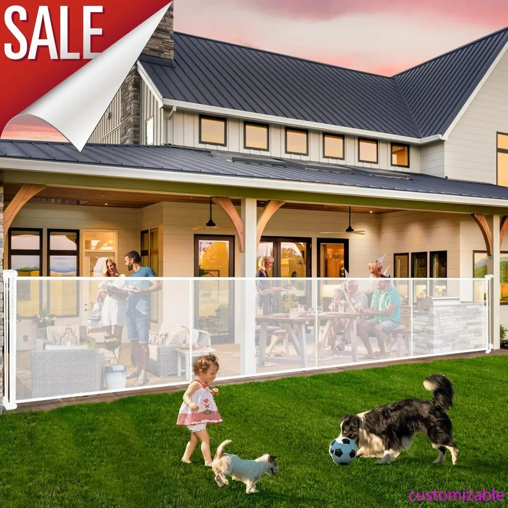 Extra Wide and Tall Retractable Baby and Dog Gate with Mesh and Support Rods for Child Safety