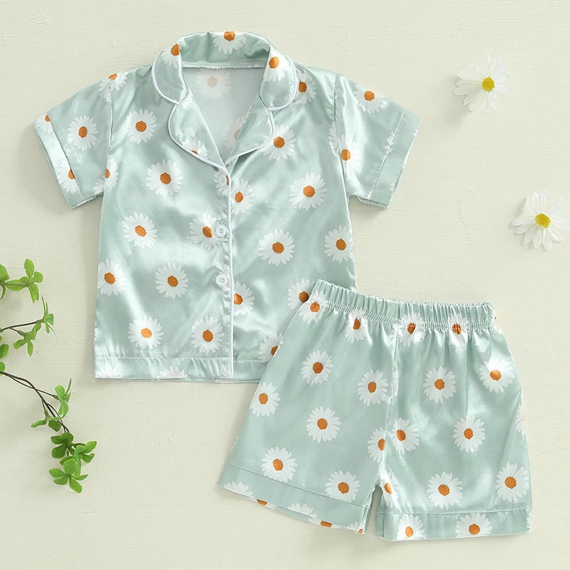 Unisex Summer Silk Pajama Set with Tropical Print Short Sleeve Lapel Button Down Shirt and Matching Shorts for Loungewear