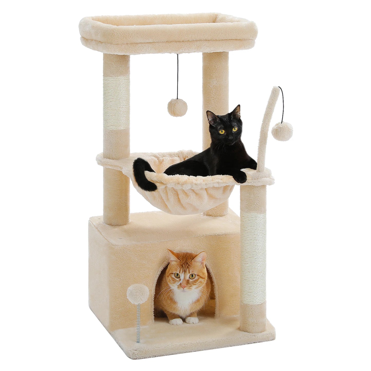 4-in-1 Cat Tree with Large Cat Condo, Sisal Scratching Post, Deep Hammock, Cozy Top Perch, Small Cat Tower for Indoor, Cat Toys