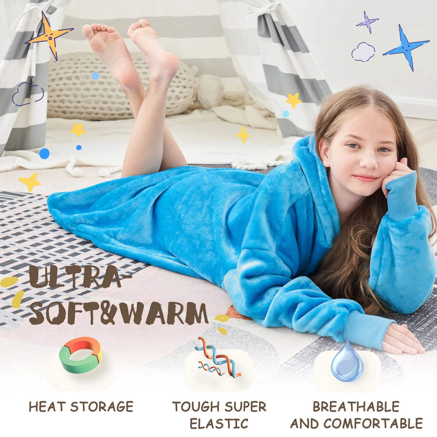 Winter children's large-sized pullover pajamas, with thick and fluffy lining, featuring pockets and sleeves, very comfortable