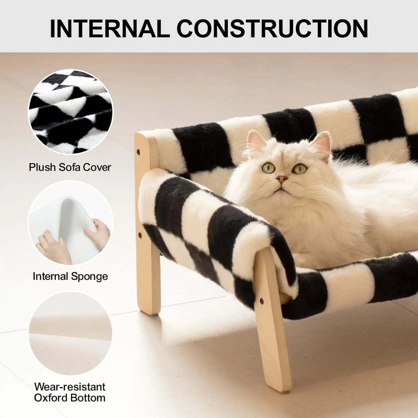 Cat Couch Bed Pet Sofa Wooden Indoor Elevated Cat Beds with Removable Mattress Cover Suitable for Animal Chessboard M
