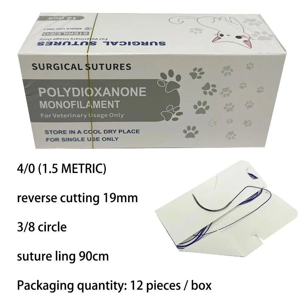 12pcs Pet Specific PDO 3/8 Circle 90CM With Needle 2/0 3/0 4/0 5/0 round bodied / reverse cutting Animal Cat Dog Pet Care Room
