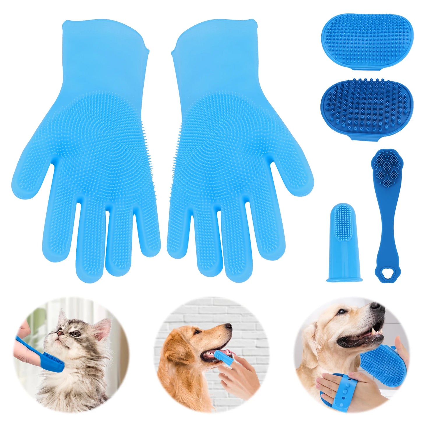 6PCS Pet Grooming Kit Silicone Dog Bath Brush Dog Toothbrush Finger Dog Bath Gloves Dog Shampoo Brush Cat Dog Bathing Supplies