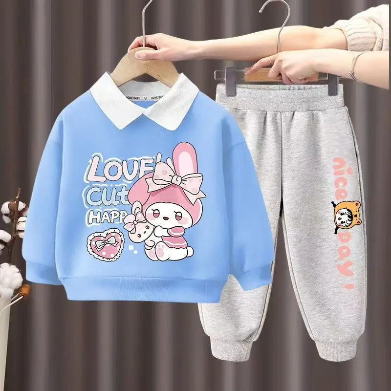 Autumn Kid Girls Clothes Set Children Boy Lapel Cartoon Bear Printed Sweatshirts Pullover Top And Pants Bottom Suit Tracksuits