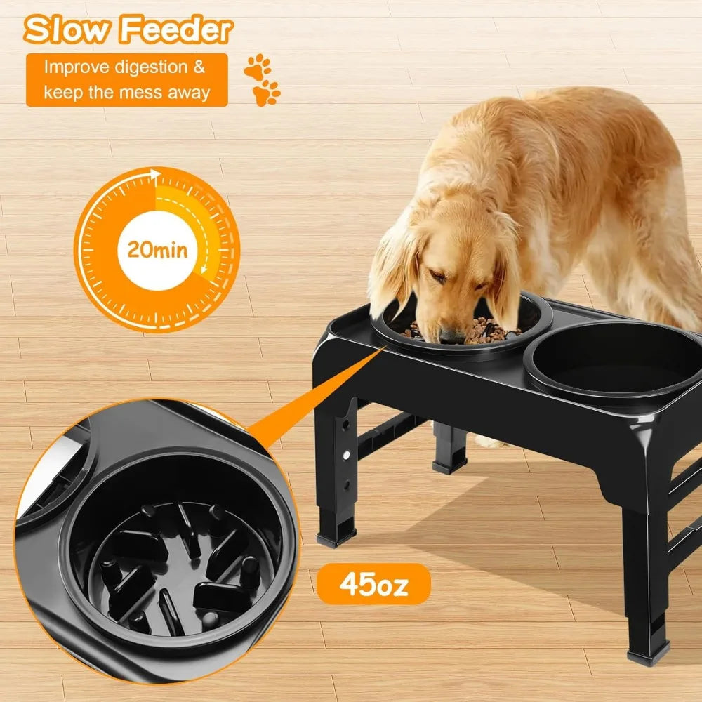 Elevated 2-in-1 Dog Feeder With Slow Feeder and Water Bowl, 4 Heights Adjustable Raised Stand, Non-Slip Food Bowl for Medium Lar