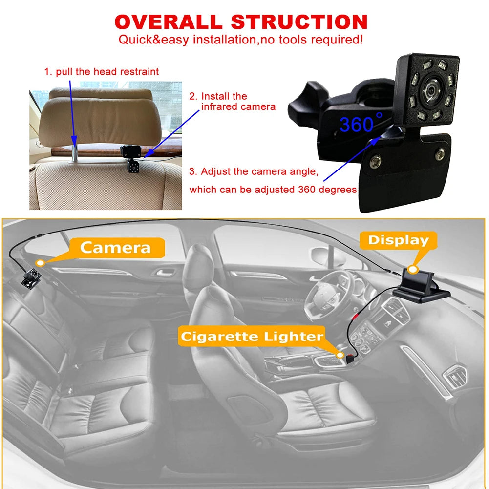4.3 Inch HD LED Car Seat Camera 150 Wide View 8LED IR Night Vision Back Seat Baby Car Camera Waterproof Car Seat Mirror Display