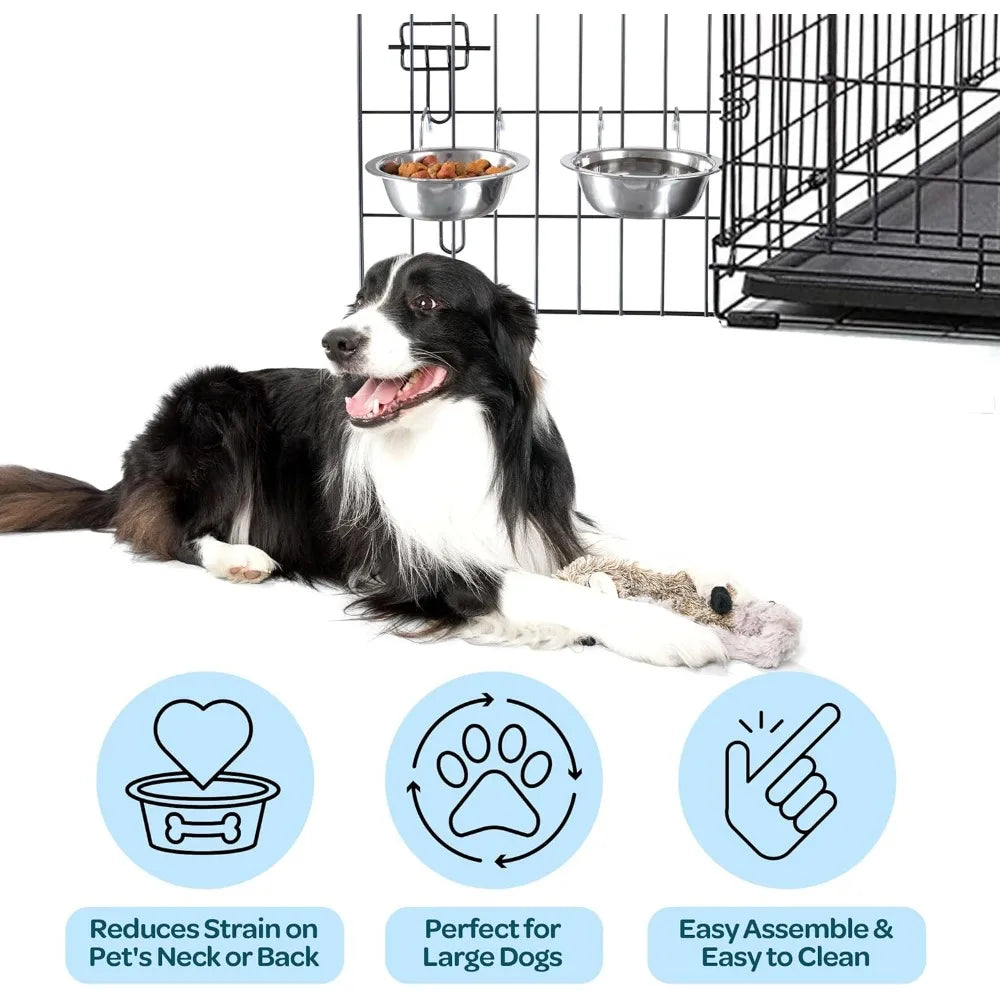 Set of 2 Stainless-Steel Dog Bowls - Cage, Kennel, and Crate Hanging Pet Bowls for Food and Water - 48oz Each and Dishwasher Saf