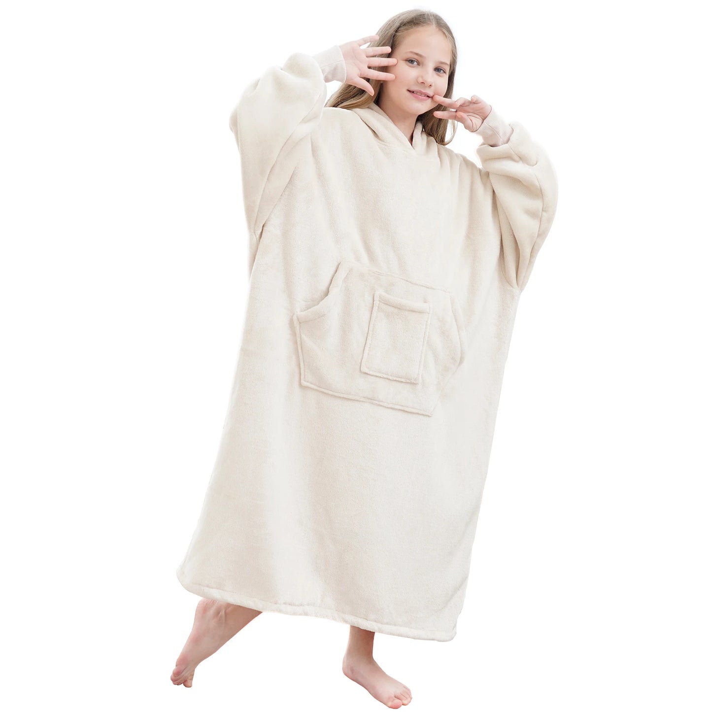 Winter children's large-sized pullover pajamas, with thick and fluffy lining, featuring pockets and sleeves, very comfortable